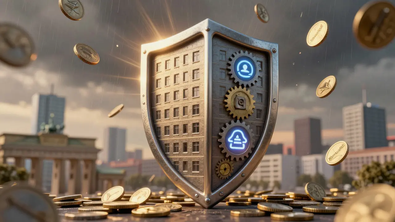 Schutzschild in Form eines Wohnhauses, blockiert fallende Mietzahlungen, mit digitalen Symbolen, symbolische Kunst.