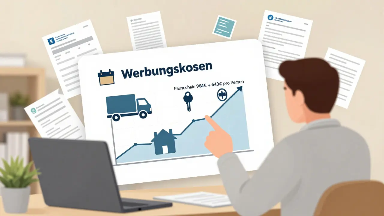 Steuerberater zeigt eine Tabelle mit Umzugskostenpauschalen, umgeben von Dokumenten wie Rechnungen und Mietangeboten, in modernem Büro.