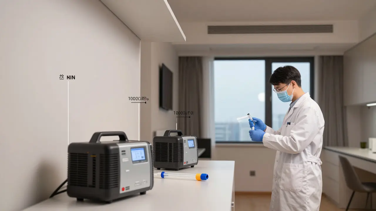 Techniker sammelt Luftproben nach DIN-Norm in einem renovierten Wohnraum mit drei Messpunkten.