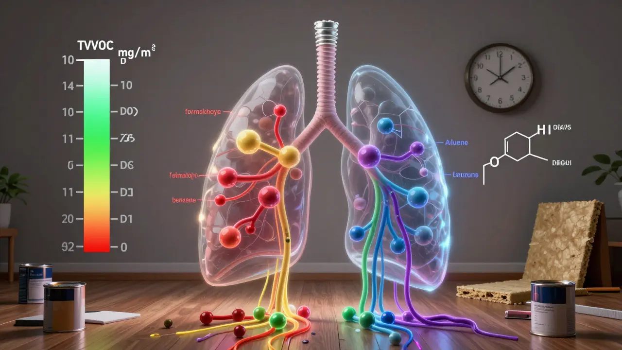 Transparenz-Darstellung einer Lunge in einem Raum, die von Schadstoffen aus neuen Bauprodukten umgeben ist.
