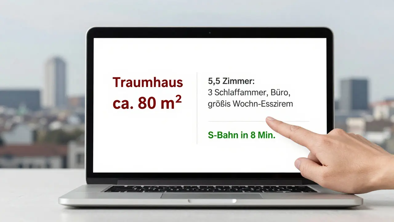 Vergleich zweier Immobilienanzeigen: links vage Formulierungen, rechts präzise Daten – auf einem Laptop-Bildschirm mit städtischem Hintergrund.