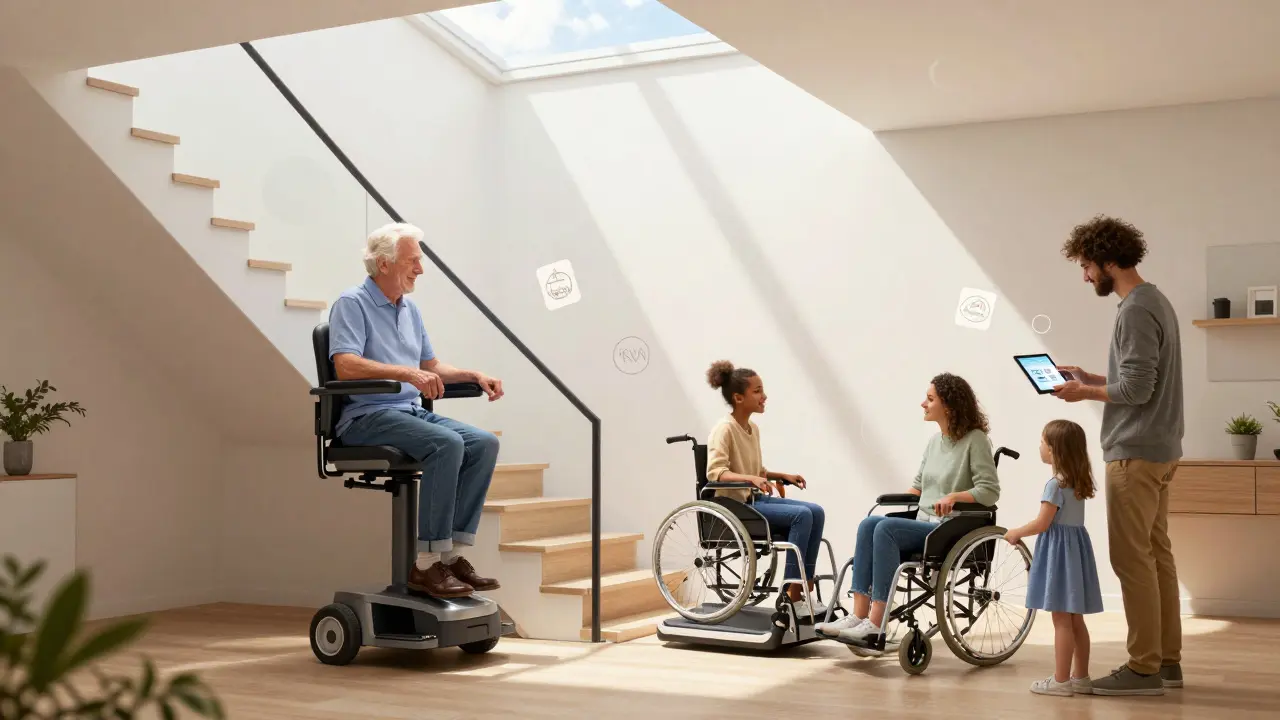 Verschiedene Personen mit Behinderung nutzen Sitz- und Plattformlifte in einem Mehrfamilienhaus, mit subtilen Förderungssymbolen im Hintergrund.