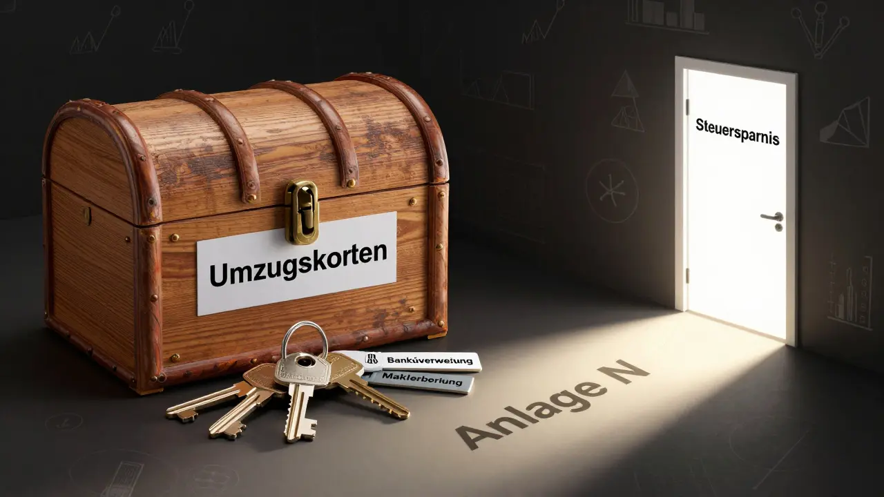 Verschlossene Truhe mit 'Umzugskosten' und Schlüsseln für Nachweise, ein Lichtweg führt zur Tür 'Steuersparnis'.