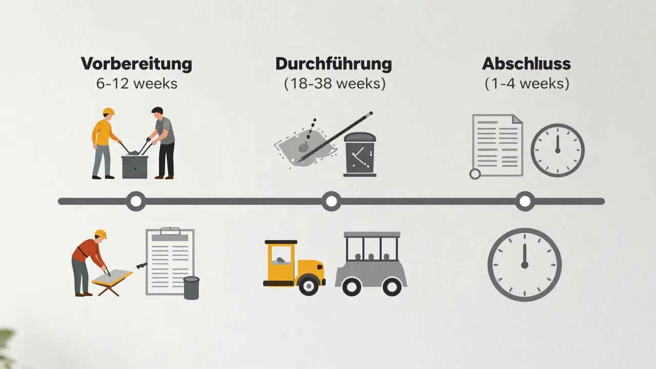 Visuelle Timeline der drei Phasen einer Kernsanierung mit Symbolen für Genehmigungen, Trocknungszeiten und Handwerkerkoordination.
