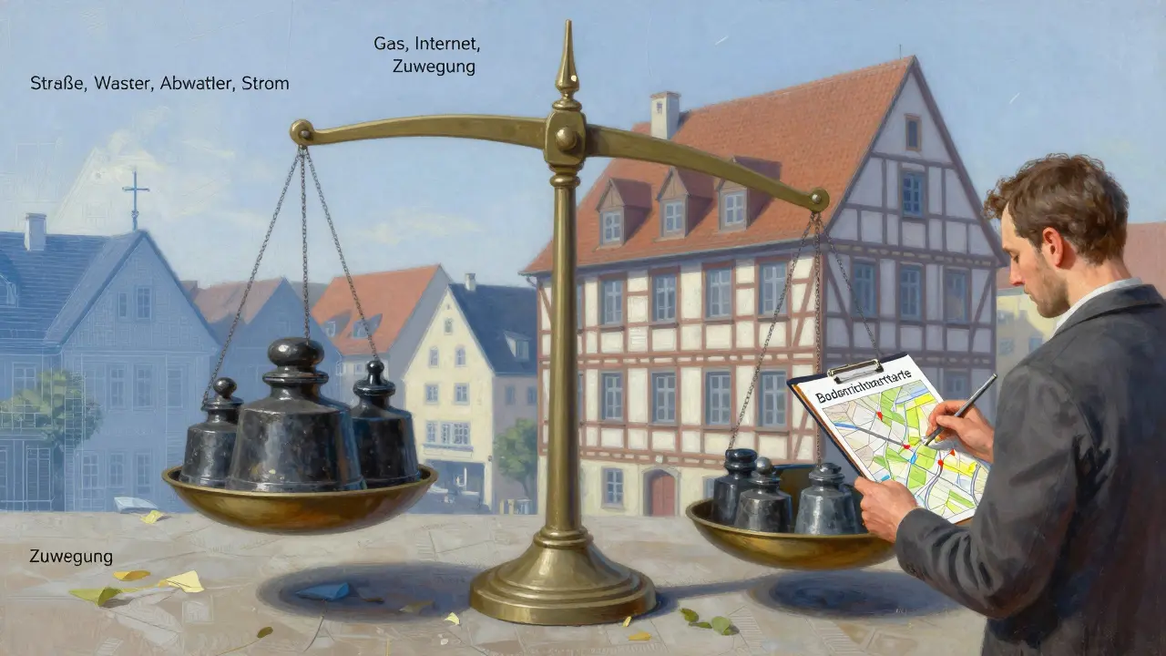 Waage mit Pflicht- und Optional-Elementen der Erschließung, dahinter ein Rathaus und ein Bauherr mit Karte, symbolisch für Kostenplanung.
