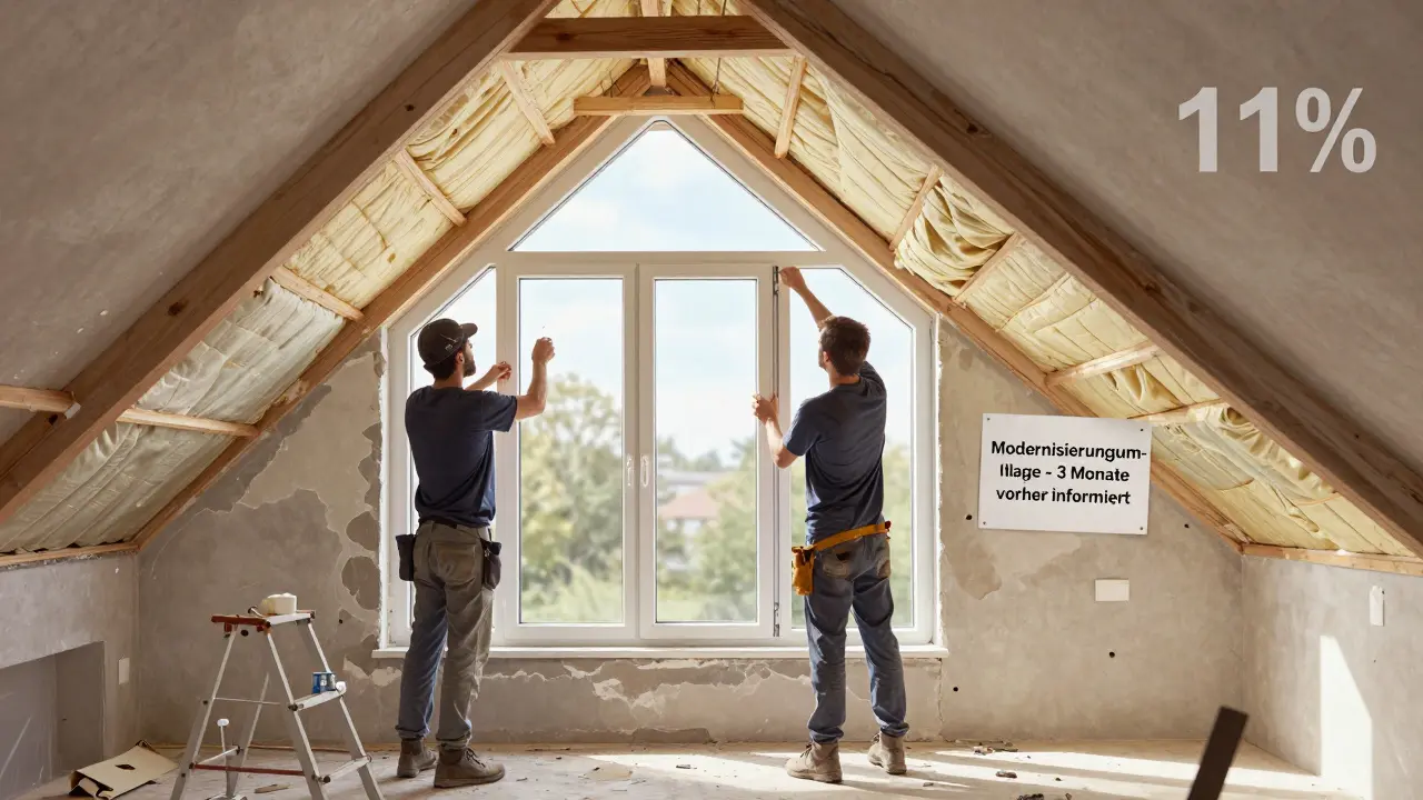 Wohnung wird modernisiert mit neuen Fenstern und Dämmung, während Mieter schriftlich informiert werden.