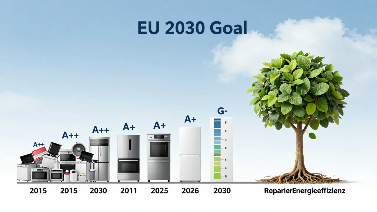 Zeitlinie vom alten A+++-Label zum neuen A-G-Label mit Baum der Reparierbarkeit und zukünftigen Verboten.