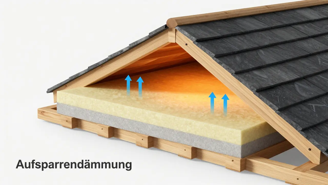 3D-Querschnitt einer Aufsparrendämmung zur thermischen Isolierung eines Dachs.