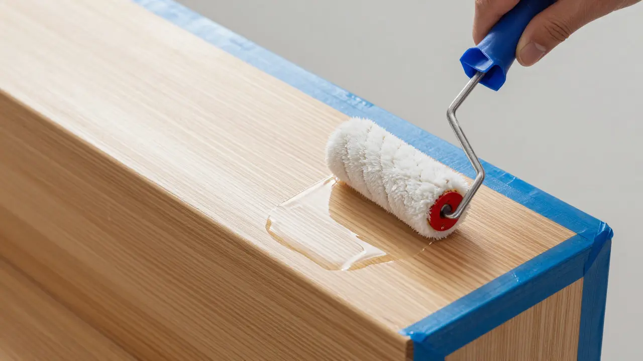 Auftragen einer transparenten Antirutschbeschichtung auf eine Holzstufe mit einer Rolle.