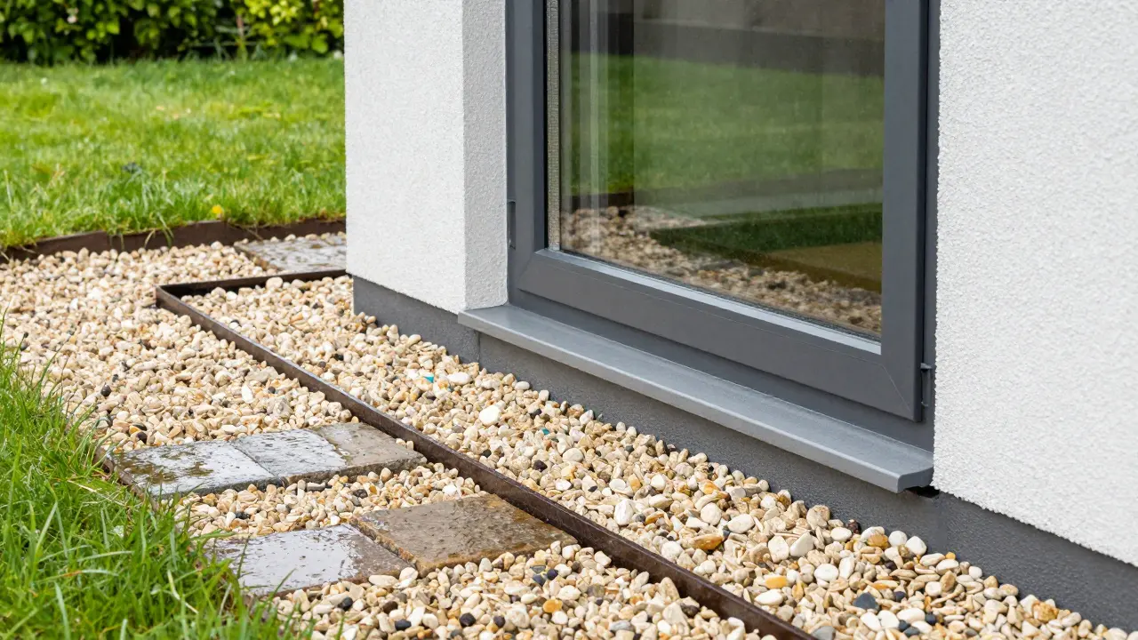 Außenansicht eines korrekt eingebauten Kellerfensters mit einer schützenden Kiesdrainage im Garten.