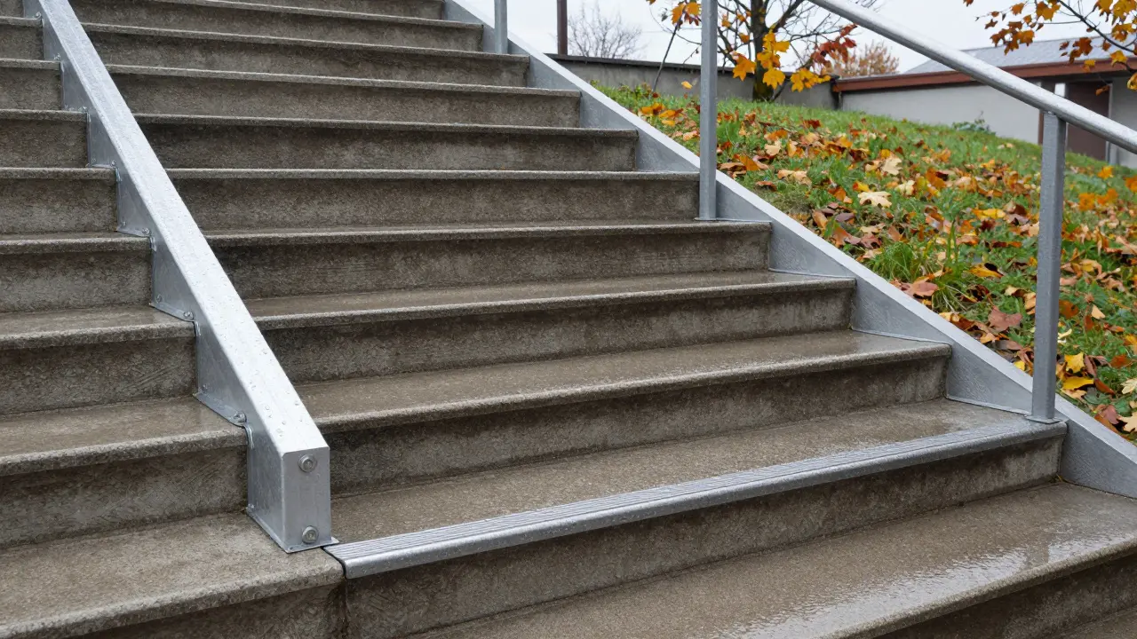 Außentreppe aus Beton mit robusten Aluminium-Antirutschprofilen bei Regen.