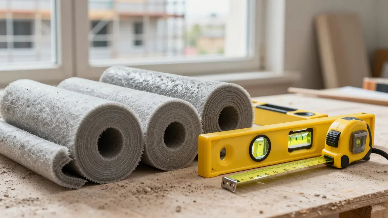 Dämmmaterial und Messwerkzeug für Hausrenovierung im Detail gezeigt.