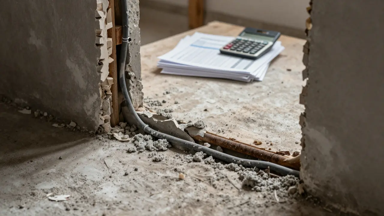 Detailaufnahme von alten Leitungen und Bausubstanz in einer Altbausanierung.