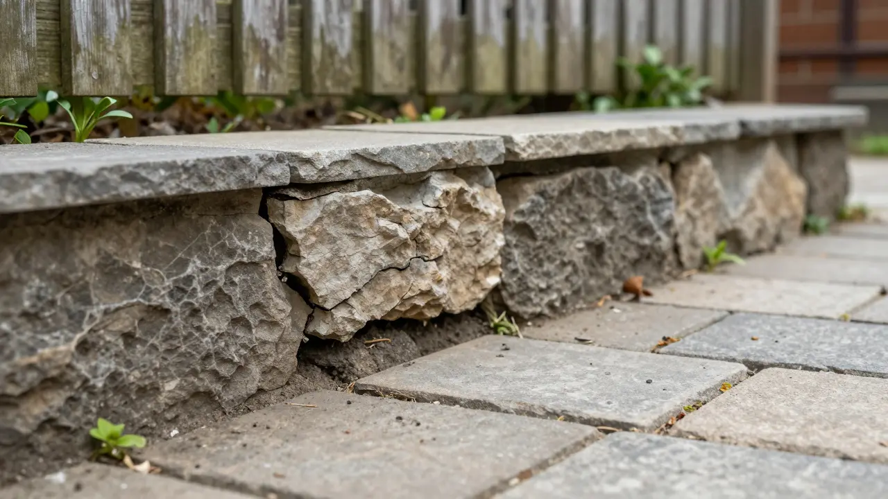 Detailaufnahme von Rissen in einer Stützmauer und abgesenkten Gehwegplatten.