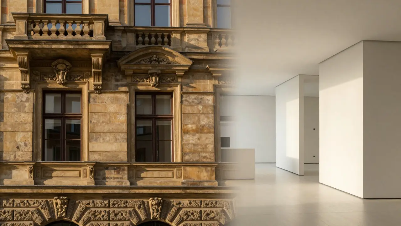 Ein historisches Leipziger Altbaugebäude im Kontrast zu einem modernisierten Innenraum.