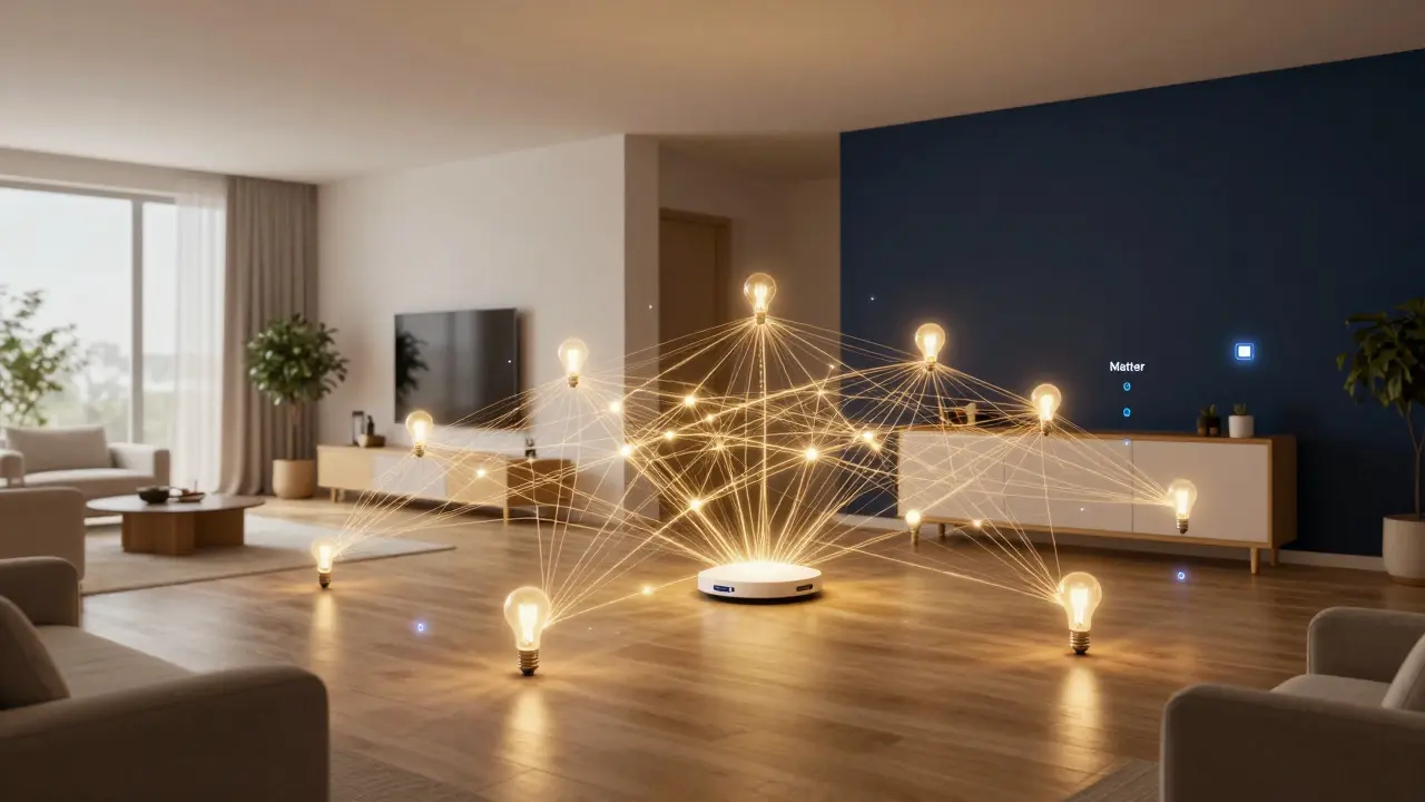 Ein leuchtendes goldenes Netzwerk, das verschiedene Smart-Home-Geräte verbindet.
