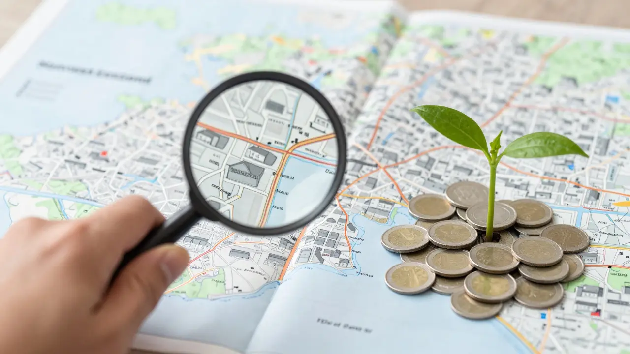 Eine Lupe über einer Stadtkarte neben wachsenden Pflanzen auf Münzen als Symbol für Rendite.