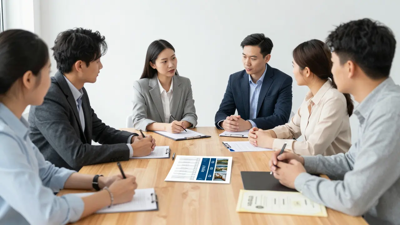 Erben besprechen bei einem geschäftlichen Treffen den Marktwert einer Immobilie und Dokumente.