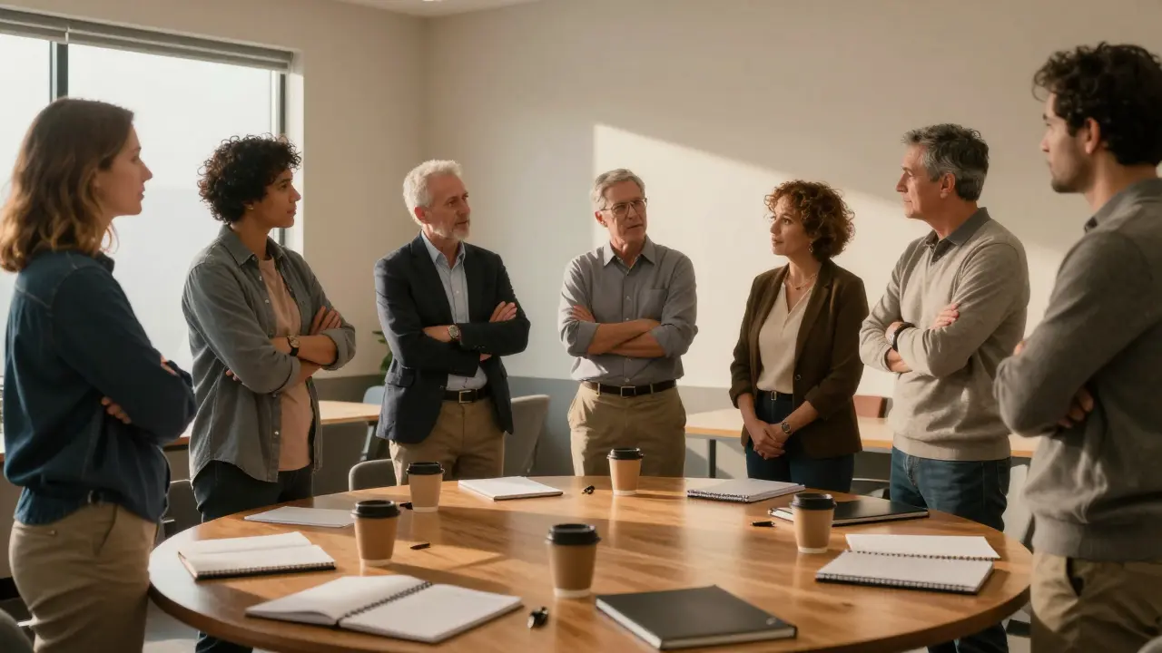 Gruppen von Eigentümern bei einer Versammlung diskutieren am Tisch.