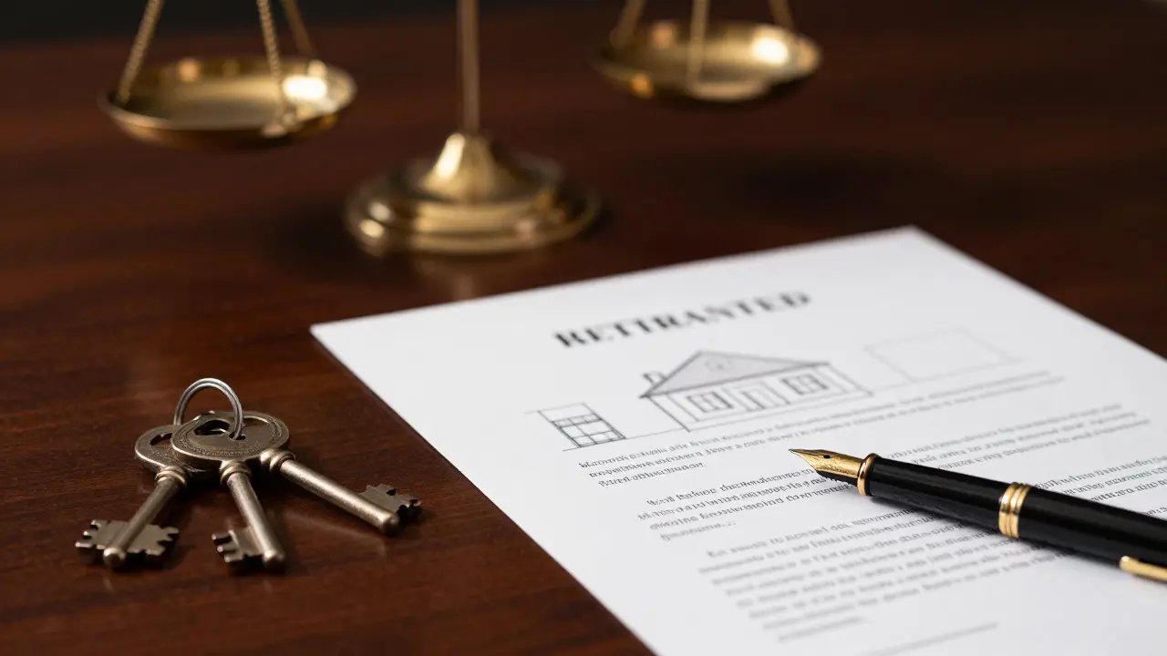 Haus🔑schlüssel und ein notarieller Kaufvertrag auf einem Holztisch als Symbol für den Verkaufsabschluss.