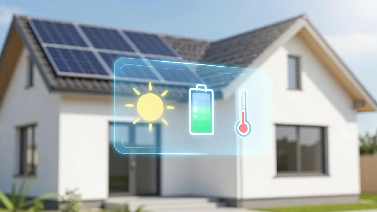 Holografische Symbole für KI-Energieoptimierung vor einem Haus mit Solarzellen.