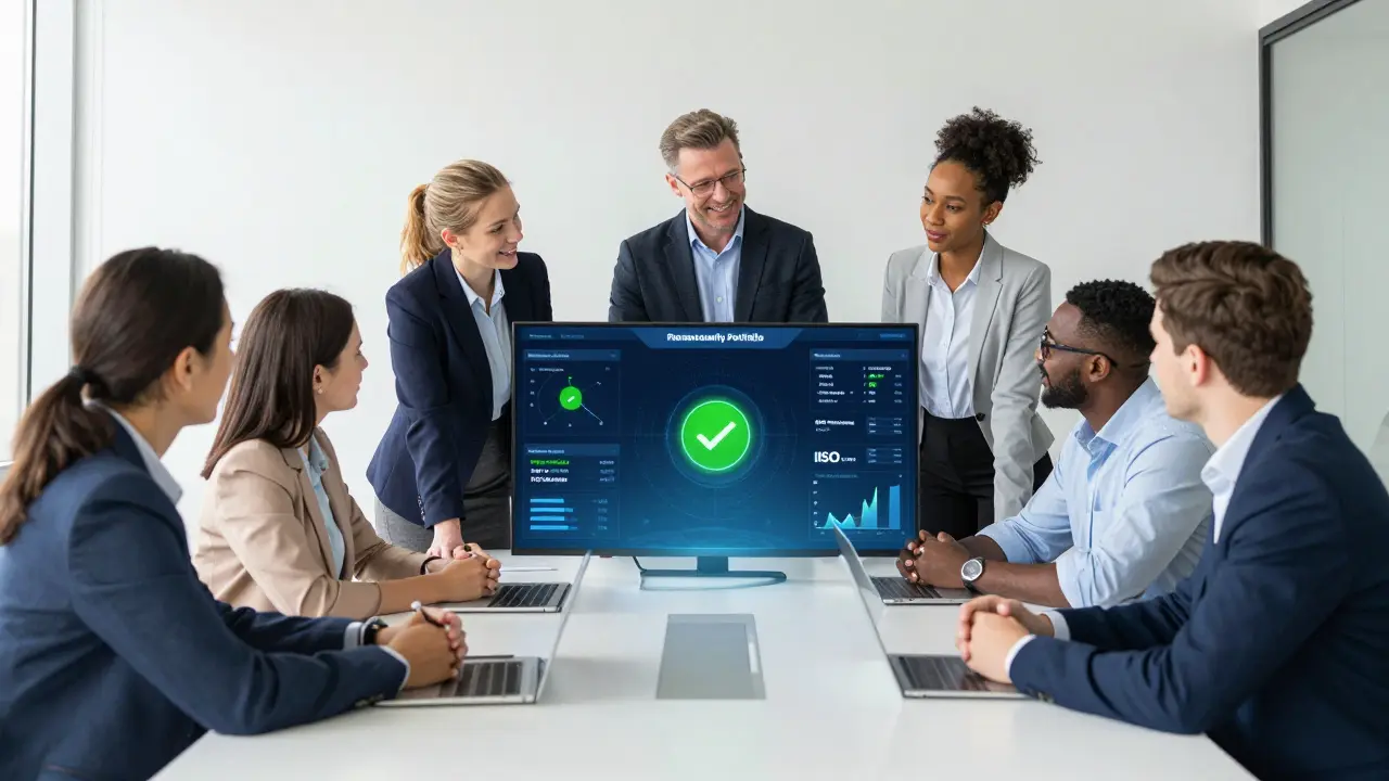 Immobilienmanager analysieren Sicherheitsdaten an einem modernen holografischen Dashboard.