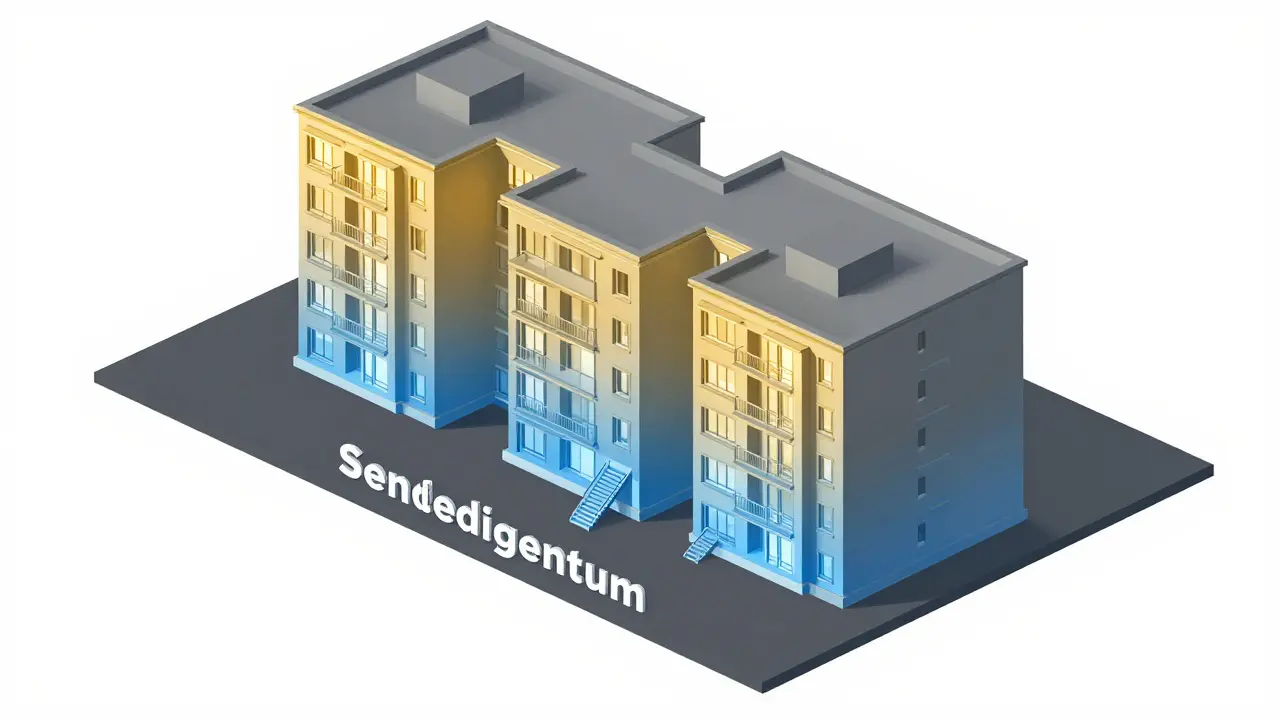 Isometrische Darstellung eines Hauses mit markiertem Sondereigentum und Gemeinschaftseigentum.