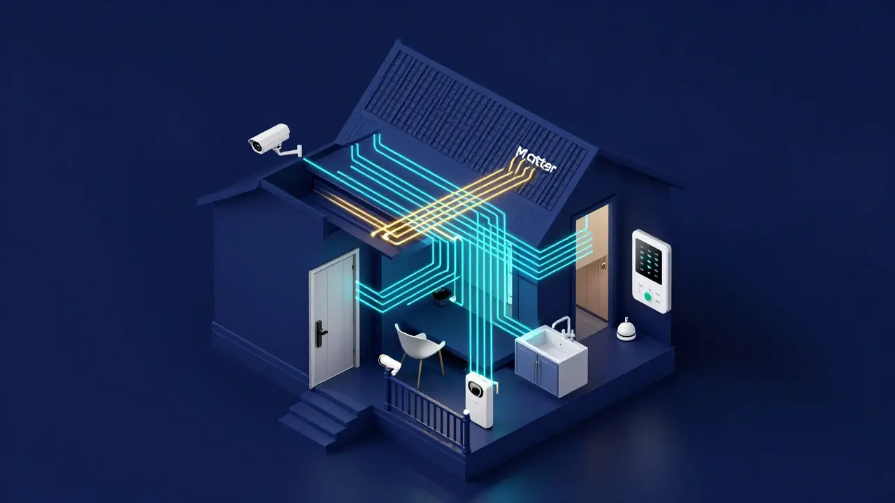 Isometrische Darstellung eines vernetzten Smart Homes mit Sicherheits- und Energiesensors.
