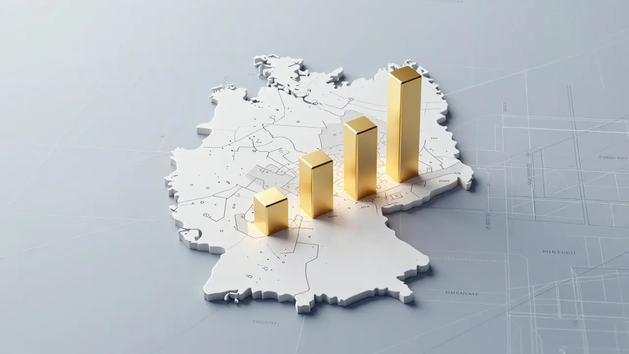 Konzeptionelle 3D-Visualisierung von steigenden Immobilienwerten in einer Stadtregion.