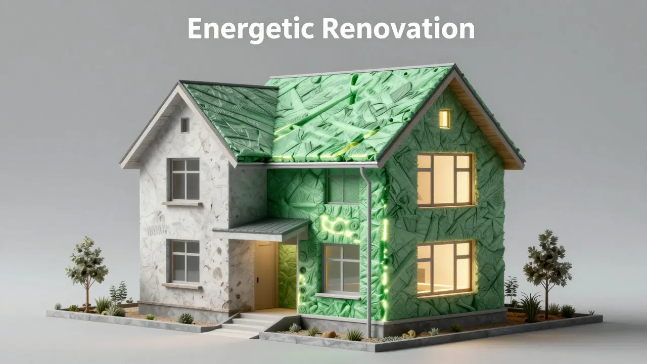 Konzeptionelle Darstellung einer energetischen Haussanierung mit Wärmedämmung.