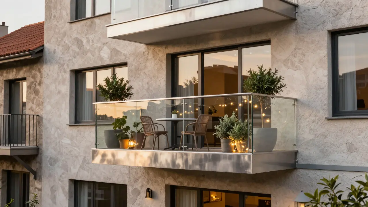 Moderner Balkon mit Glasgeländer und Pflanzen an einem Mehrfamilienhaus