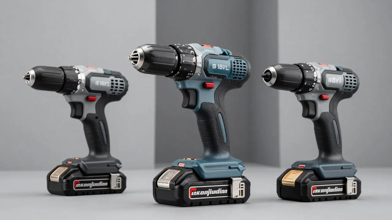 Modernes 18V Akku-System mit Akkuschrauber, Schlagbohrmaschine und Schwingschleifer