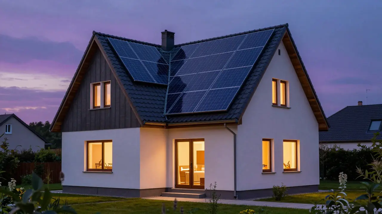 Modernes Haus mit neuem Dach und integrierten Photovoltaik-Anlagen in der Abenddämmerung.