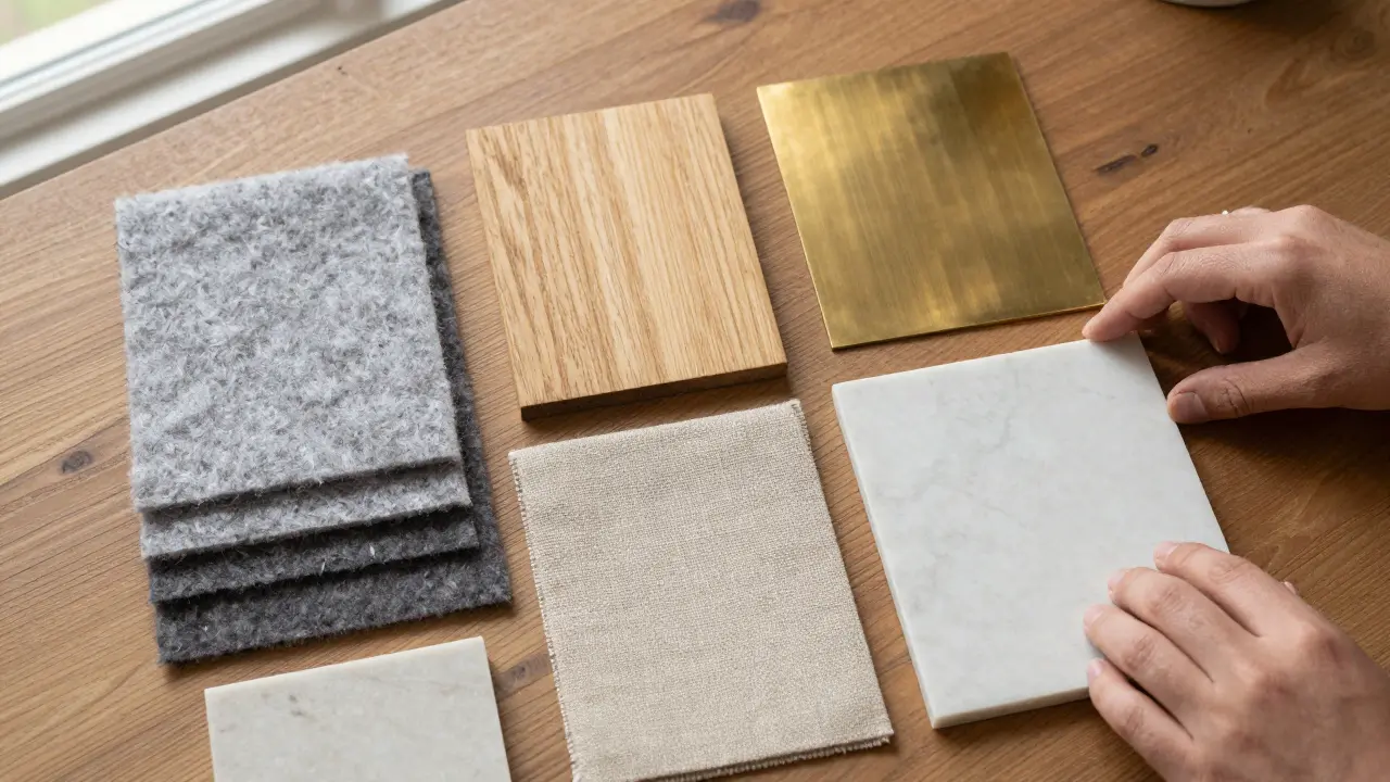 Moodboard mit Materialproben aus Filz, Eichenholz, Messing, Leinen und Marmor auf einem Tisch.
