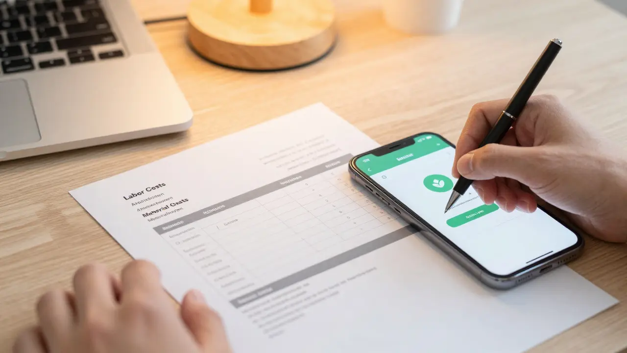 Nahaufnahme einer detaillierten Handwerkerrechnung und eines Kontoauszugs.