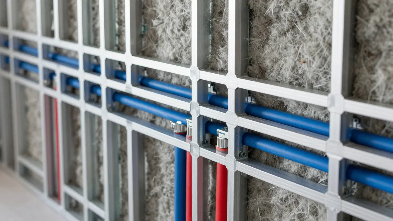 Nahaufnahme von CW-Profilen mit Mineralwolle-Dämmung und Wasserleitungen in einer Vorwand.