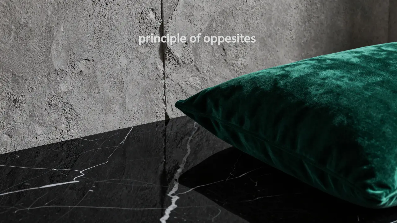 Nahaufnahme von kontrastierenden Materialien: glänzender Marmor, rauer Beton und weicher Samt.