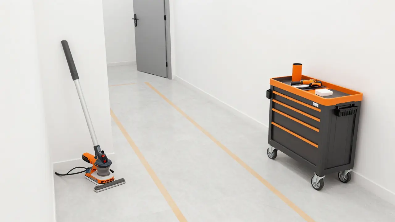 Organisierte Baustelle mit Absaugvorrichtung und freien Laufwegen in moderner 3D-Optik.