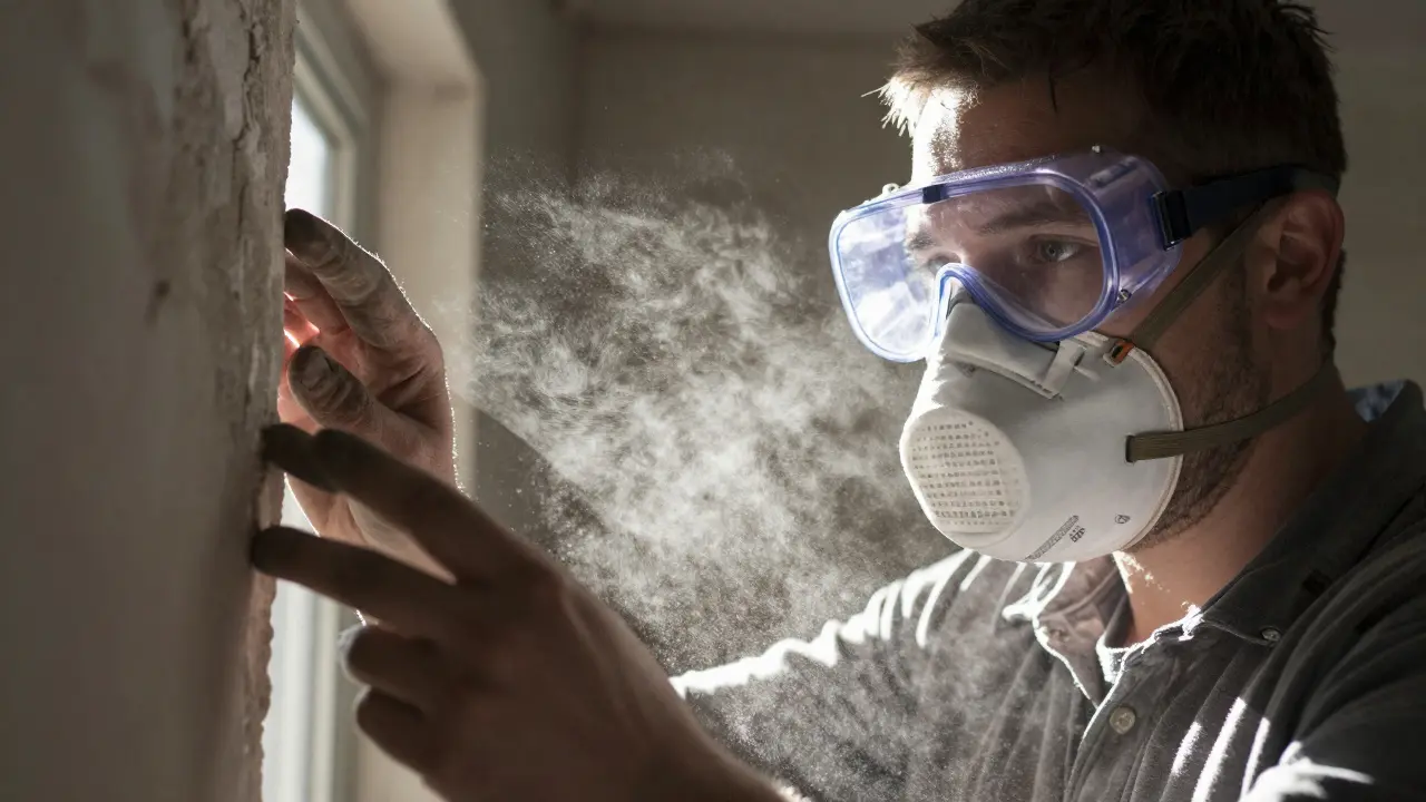 Person mit FFP3-Maske arbeitet in einer staubigen Altbauwand mit dramatischem Lichteinfall.