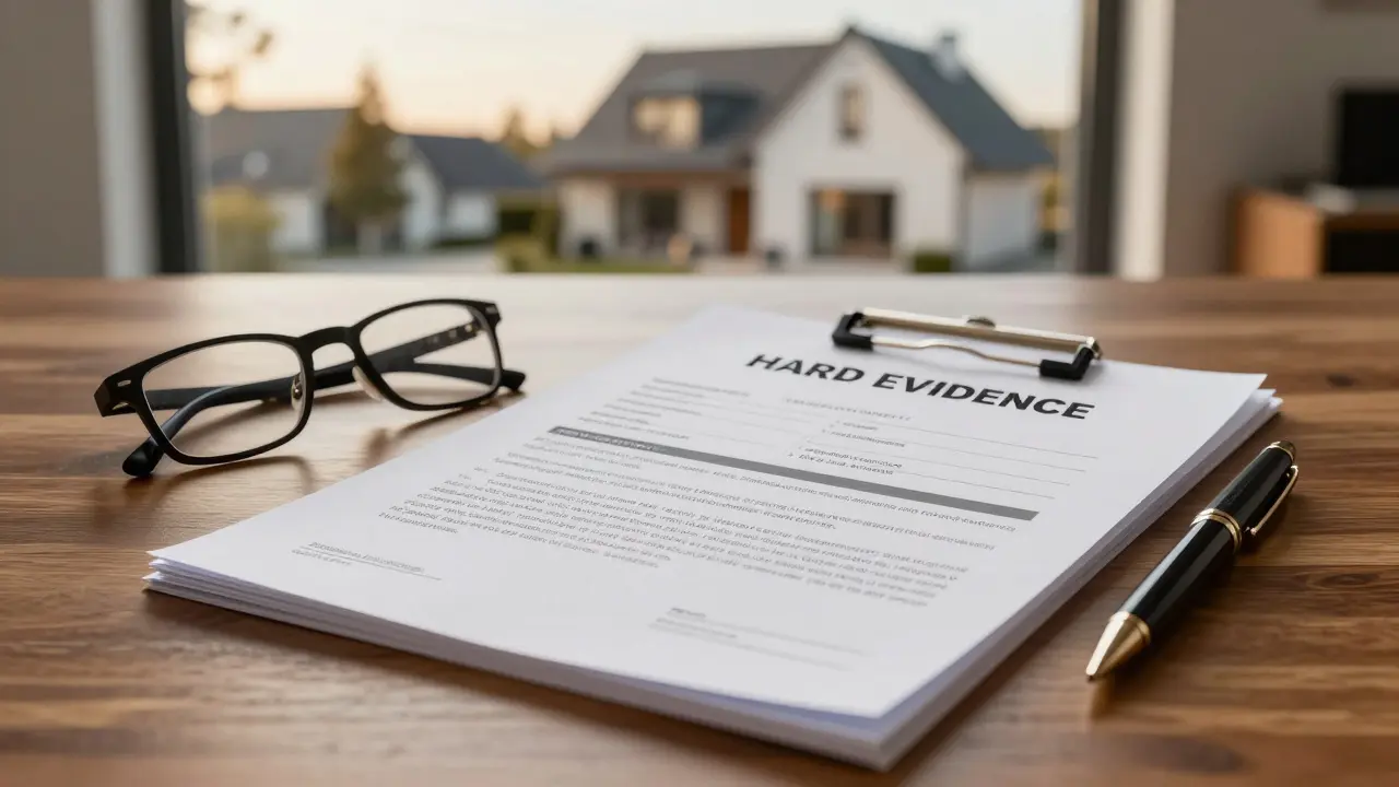 Professionelles Wertgutachten auf einem Schreibtisch mit einem renovierten Haus im Hintergrund.