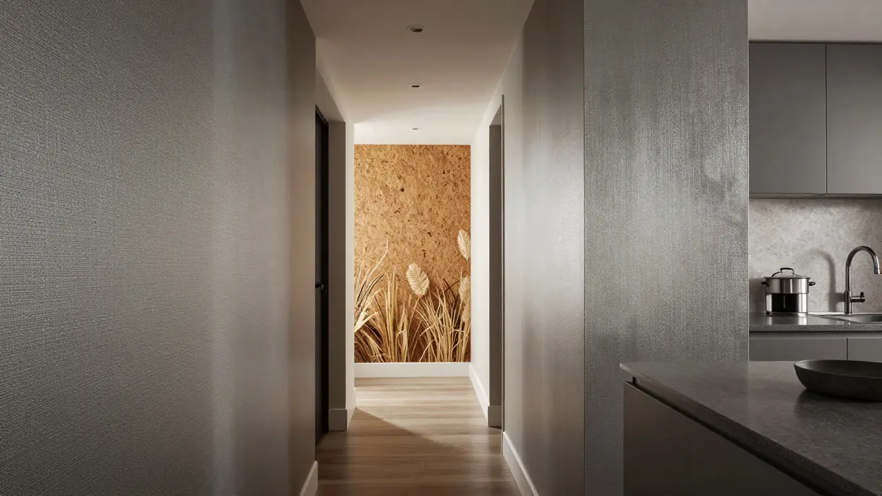 Robuste Vinyltapete im Flur und Naturtapete in einem wohnlichen Raum