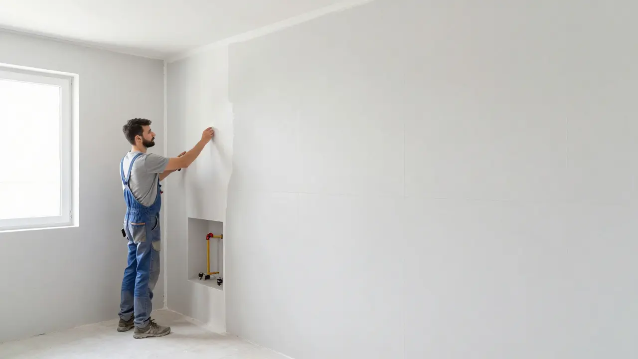 Spachteln einer doppelt beplankten Gipskartonwand im Bad vor dem Verfliesen.