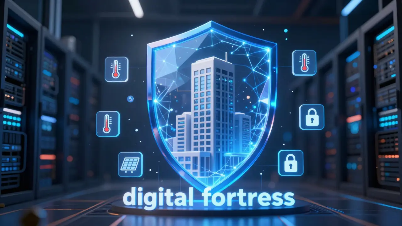 Stilisiertes Gebäude geschützt durch einen digitalen blauen Energieschild und Firewalls.