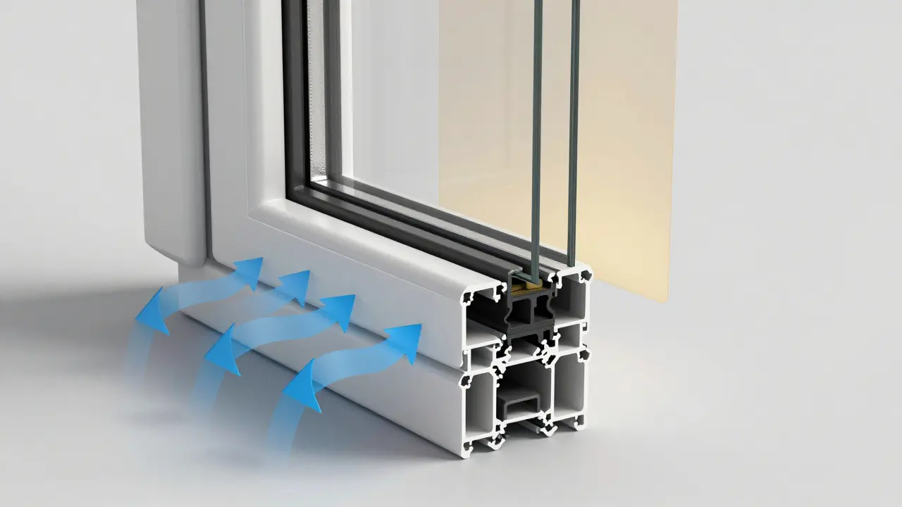 Technische Detailansicht eines modernen Kunststofffensters mit Dreifachverglasung und Dichtungssystem.