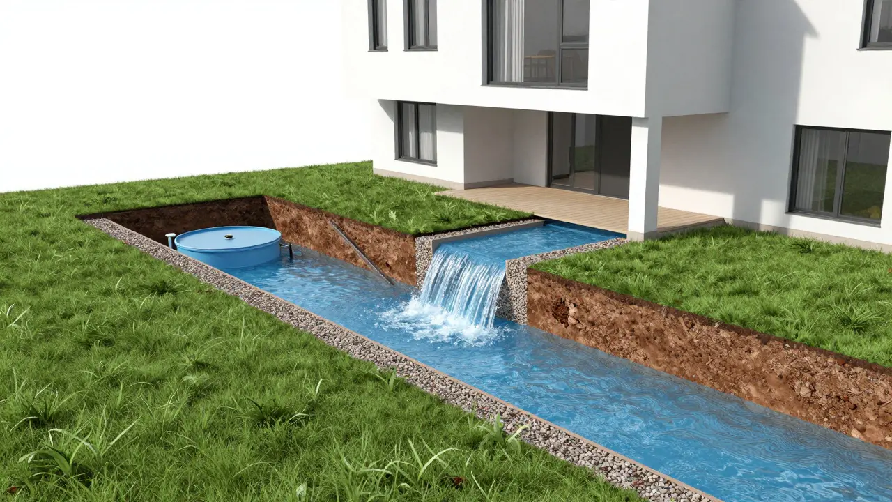 Technische Querschnittsdarstellung einer modernen Regenwasserversickerungsanlage.