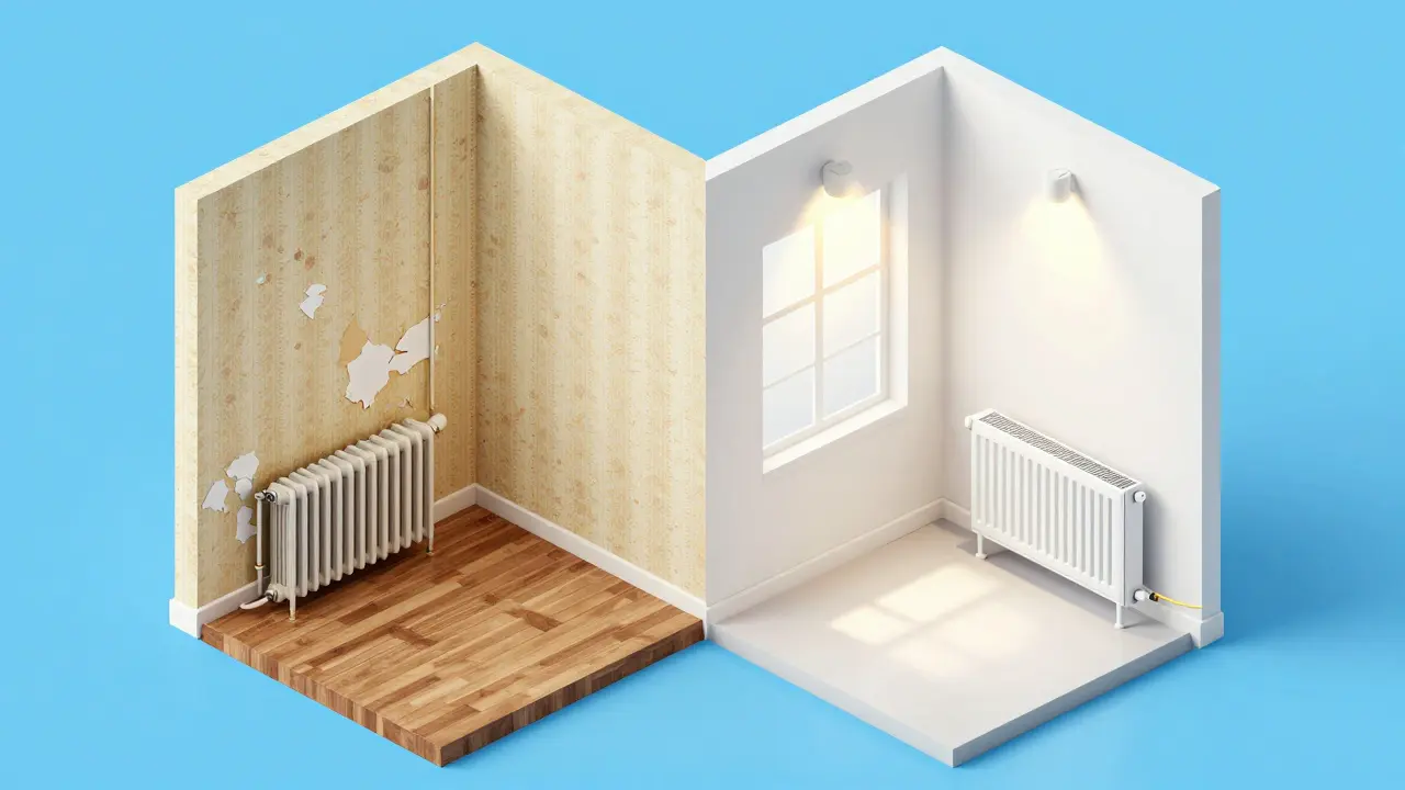 Vergleich zwischen einem alten Raum und einer energetisch modernisierten Wohnung.