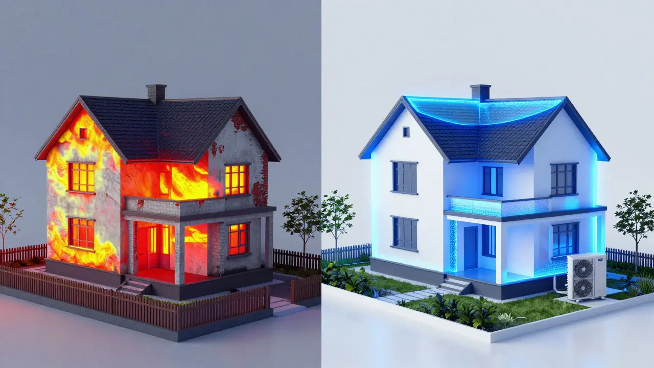 Vergleich zwischen einer Wärmebildanalyse und einem energieeffizienten Hausmodell.