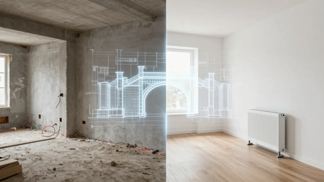 Vergleichsbild einer energetischen Sanierung von der Baustelle zum modernen Ergebnis.