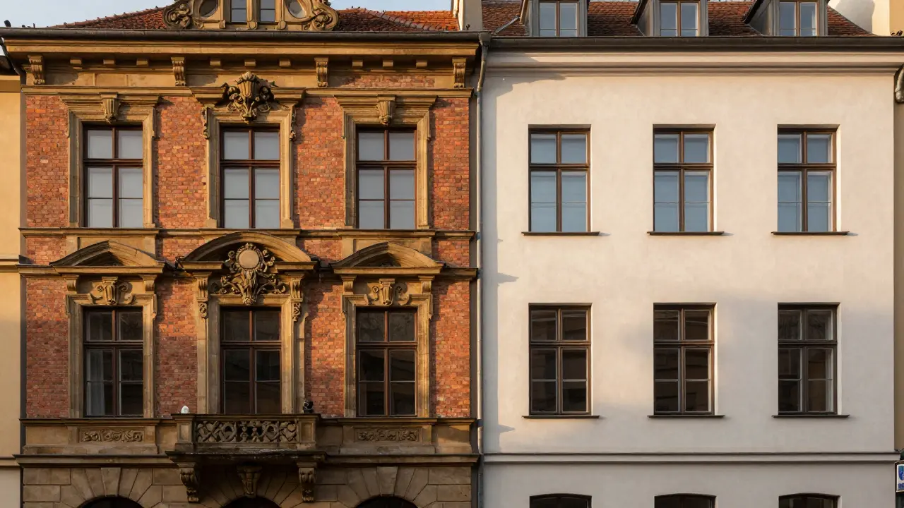 Vorher-Nachher-Vergleich eines sanierten historischen Altbaus in einer deutschen Stadt.