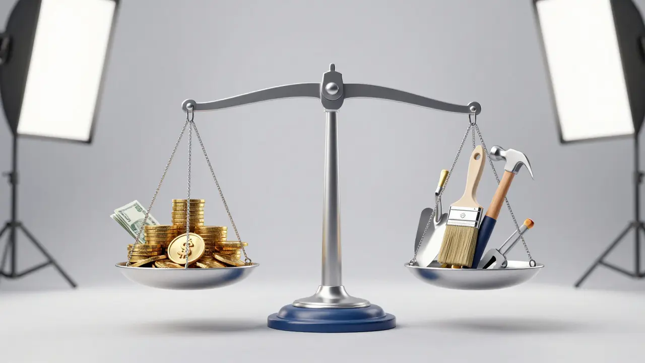 Waage, die Geld und Handwerkszeug als gleichwertiges Eigenkapital darstellt.